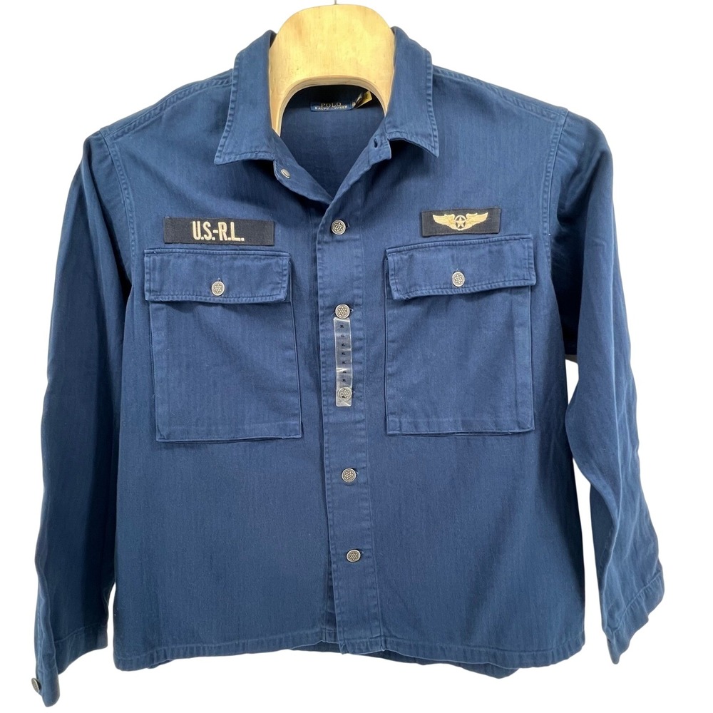 Polo Ralph Lauren Mens XL Navy Herringbone Military Flight Utility Shirt Jacket